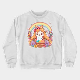 Easter Bunny Girl In Basket. Spring Flowers and Easter Eggs, Rainbow Crewneck Sweatshirt